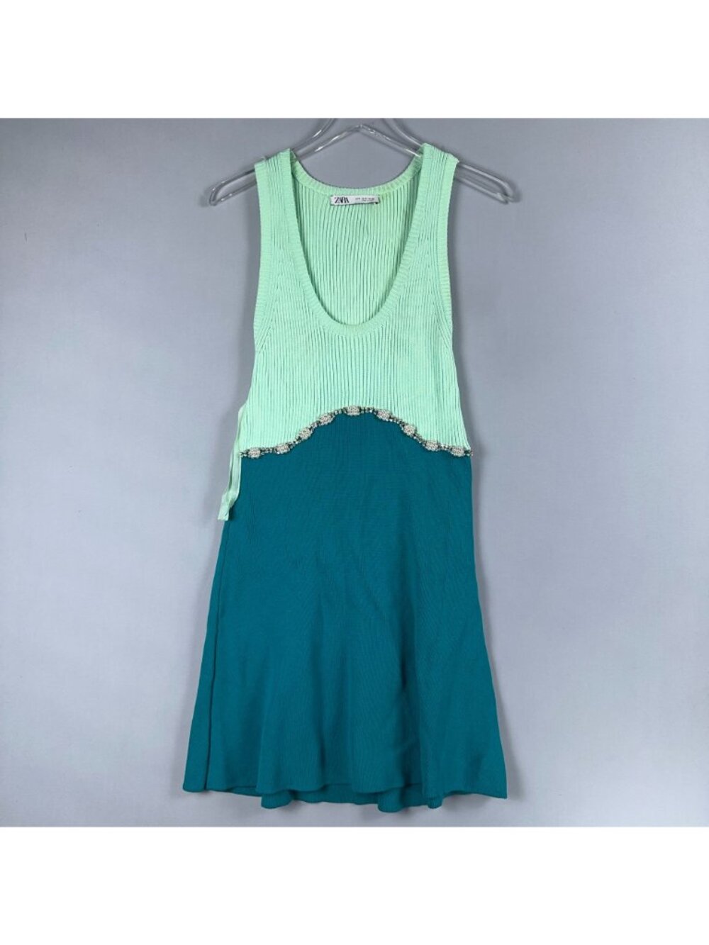 Zara Jewel Appliqué Dress Size Medium Mint Teal Sleeveless Rhinestone Pearl Trim - Picture 6 of 14